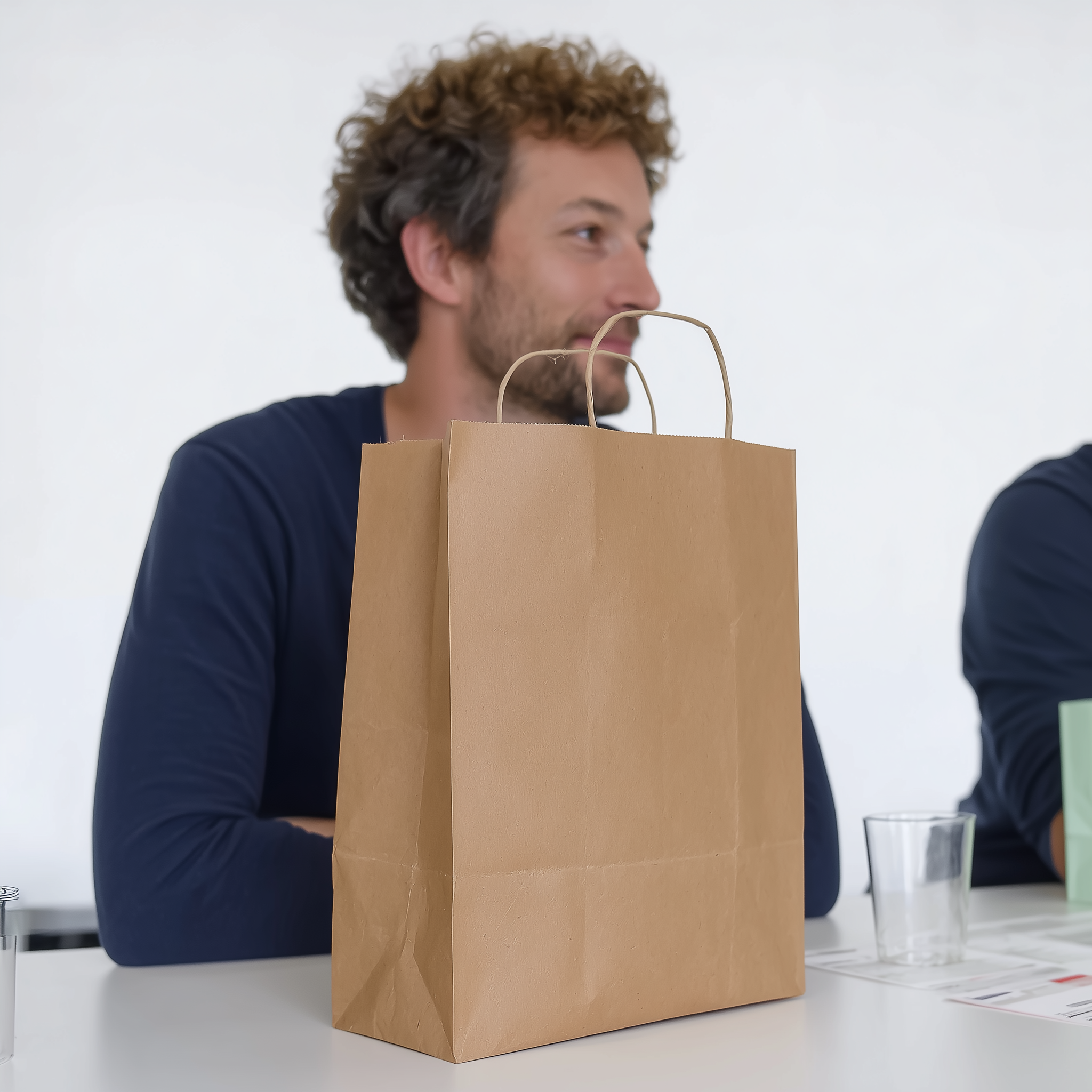 Papiertragetasche auf Tisch mit Mann im Hintergrund