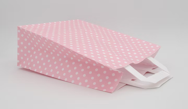 Papiertragetasche Rosa mit weißen Punkten 18 + 8 × 22 cm (250 Stück)