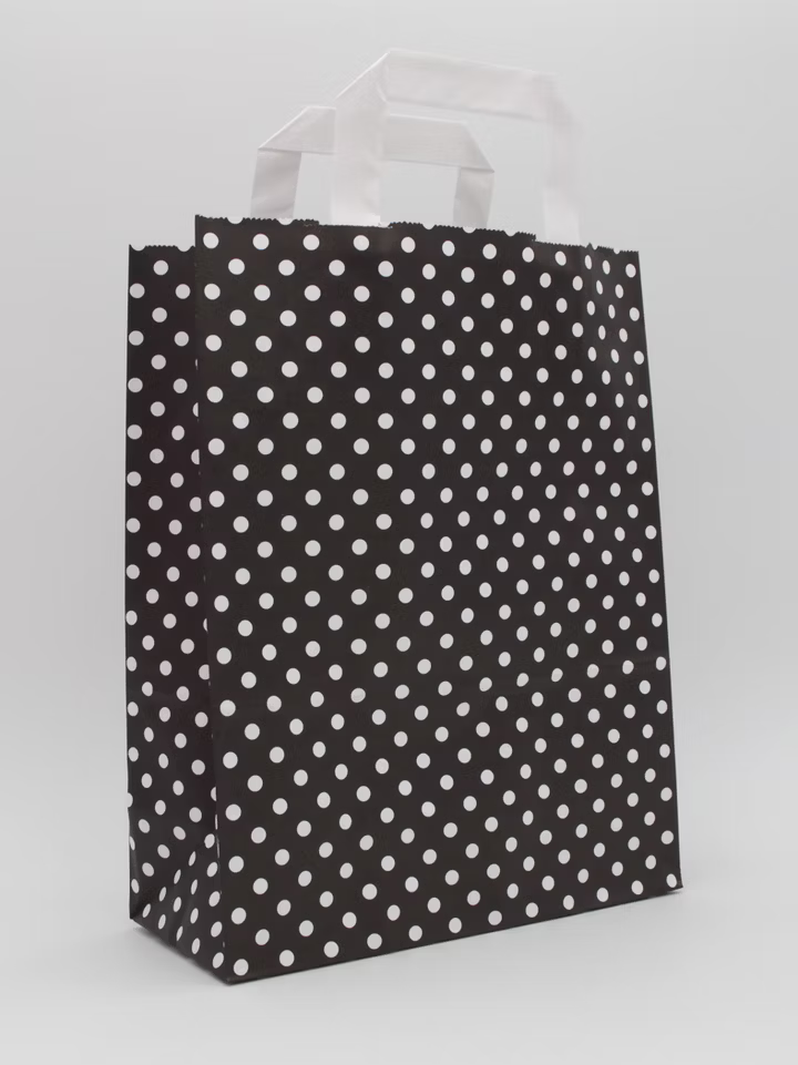 Papiertragetasche Schwarz mit weißen Punkten 22 + 10 × 28 cm (250 Stück)