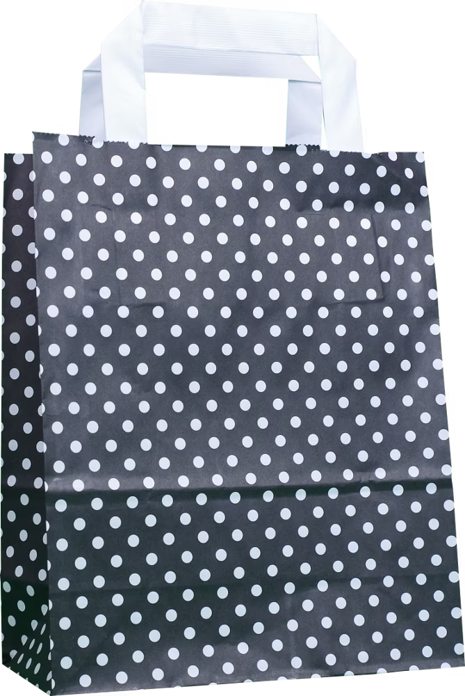 Papiertragetasche Schwarz mit weißen Punkten 22 + 10 × 28 cm (250 Stück)