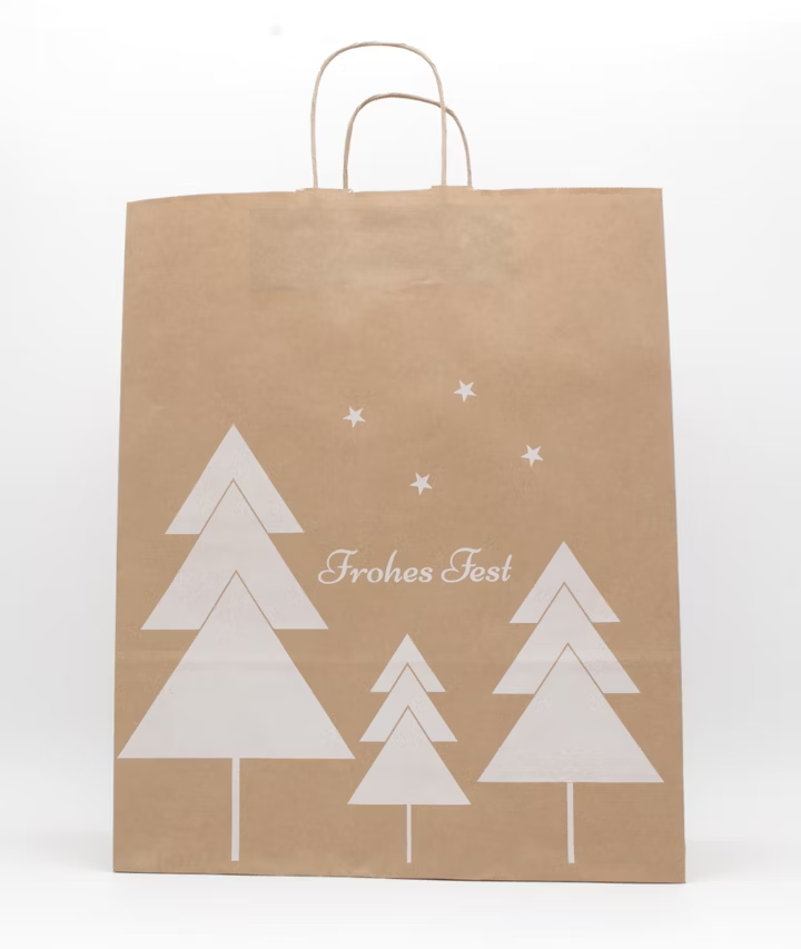 Weihnachtliche Tannen Papiertragetasche Braun 32 + 12 × 40 cm (250 Stück) mit gedrehter Kordel