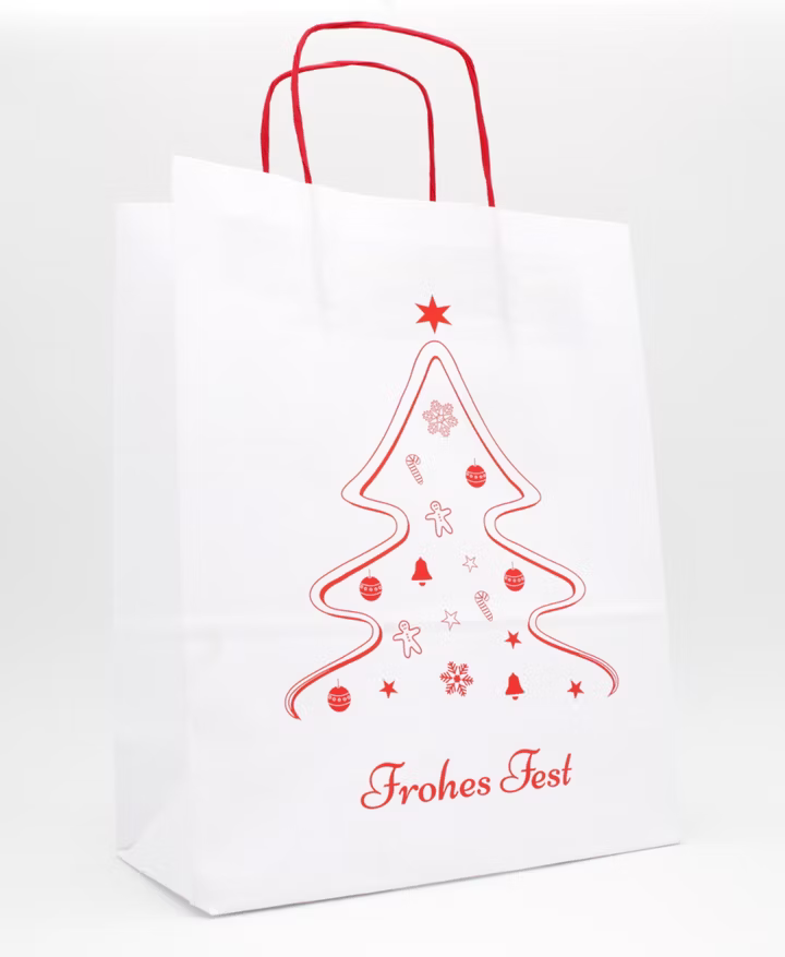 Weihnachtliche Tannen Papiertragetasche Weiß 26 + 12 × 34 cm (250 Stück)