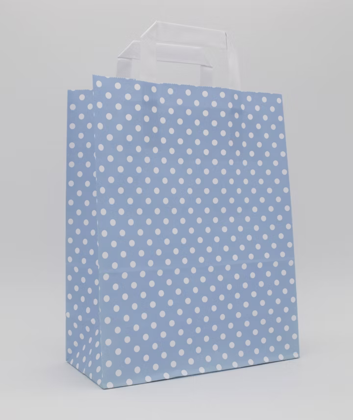 Papiertragetasche Hellblau mit weißen Punkten 22 + 10 × 28 cm (250 Stück)