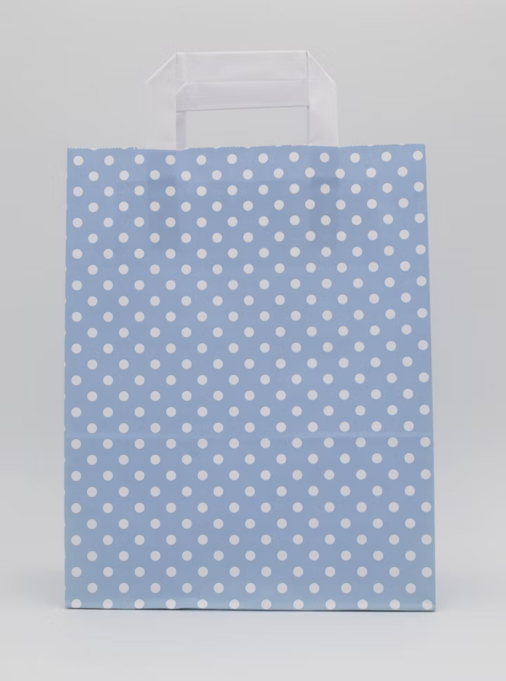 Papiertragetasche Hellblau mit weißen Punkten 22 + 10 × 28 cm (250 Stück)